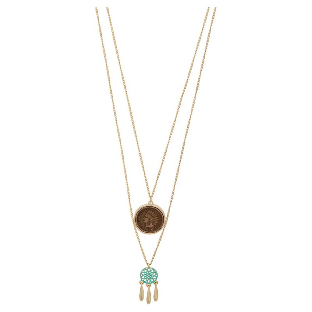 Indian Head Penny Mini Dream Catcher Double Chain Necklace Gold Tone